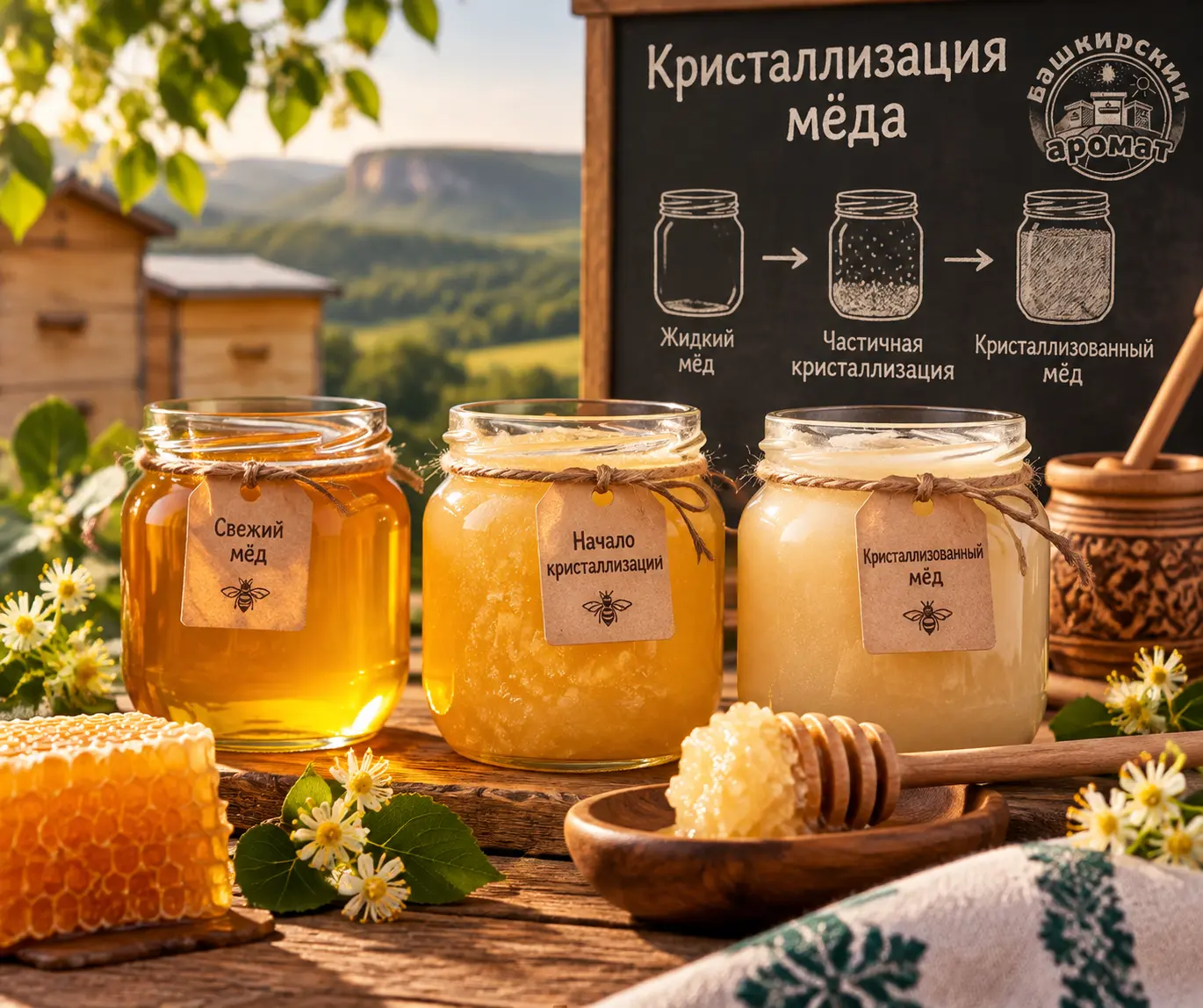 Этапы кристаллизации мёда от жидкого состояния до плотной структуры в стеклянных банках на фоне природы